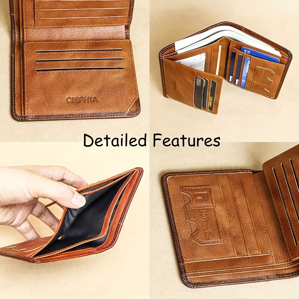 Men's Vintage Wallet and Card Holder Options, Bifold, Trifold and Eight-Card-Slot Styles in Brown, Coffee, Black or Blue for Everyday Carry and Gifts