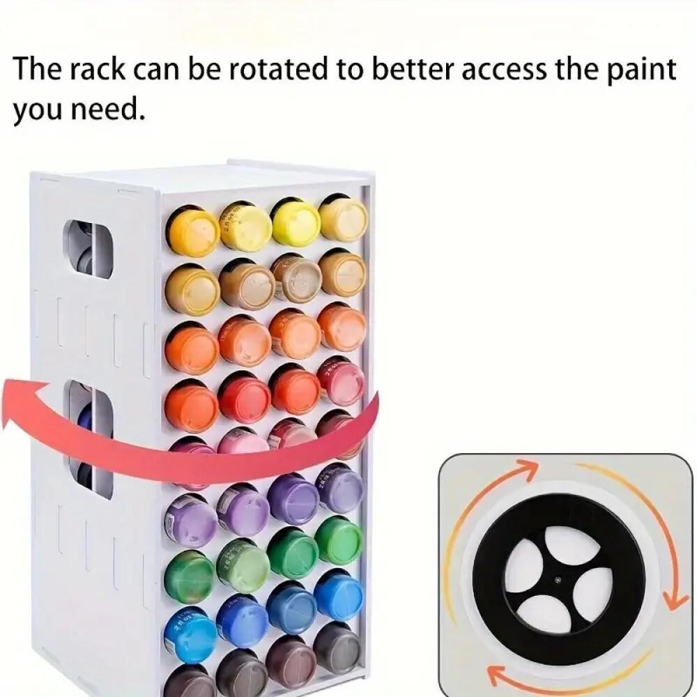 Rotating Paint Rack, 72-Slot White PVC Organizer for 2-Ounce Paint Bottles with 360-Degree Spin and Wall-Mountable Design for Artists and Craft Rooms