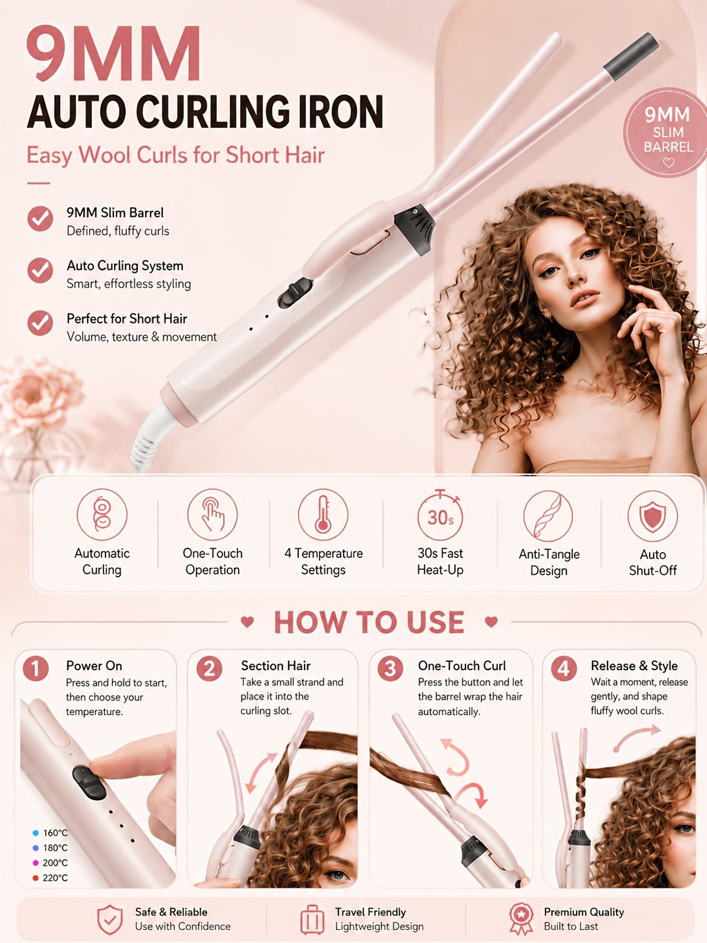 9mm Travel Curling Iron, Ultra-Fine Mini Curling Wand for Tight Curls, Teddy Curls, Airy Bangs & Water Waves, Fast Heating, for Short Hair, Men & Women, Holiday Gift, Pink