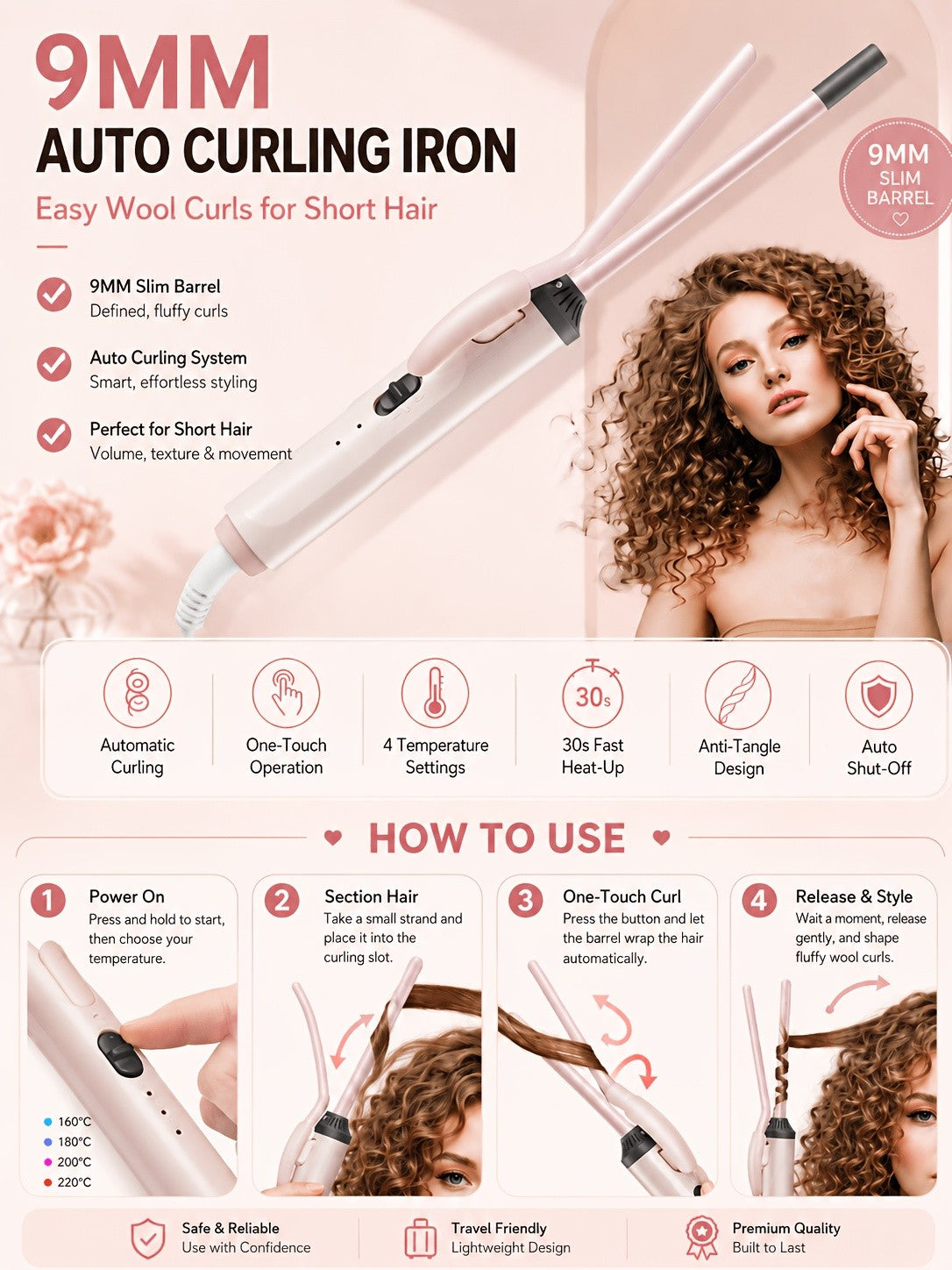 9mm Travel Curling Iron, Ultra-Fine Mini Curling Wand for Tight Curls, Teddy Curls, Airy Bangs & Water Waves, Fast Heating, for Short Hair, Men & Women, Holiday Gift, Pink