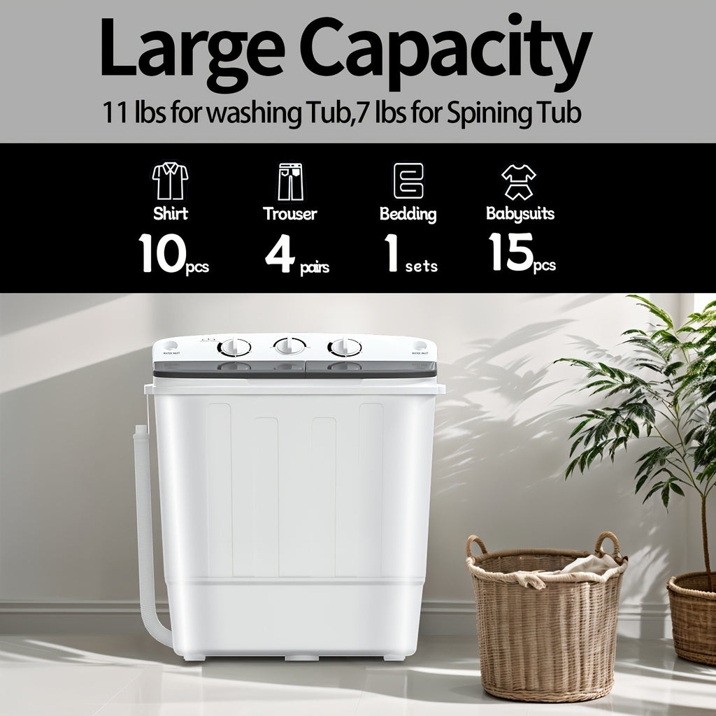 Double Drum Portable Washer in Black with Listed 19lb Capacity and 1300RPM Spin, Gravity Drainage, Seven Hangers and One Drying Rod for Small-Load Laundry