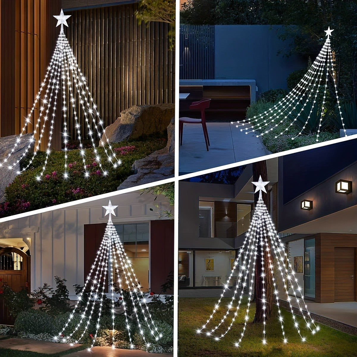 Solar Star Waterfall String Lights with White Color Label, 280LED-3M Model and Eight Listed Modes for Christmas, Garden Wedding and Seasonal Decorative Displays