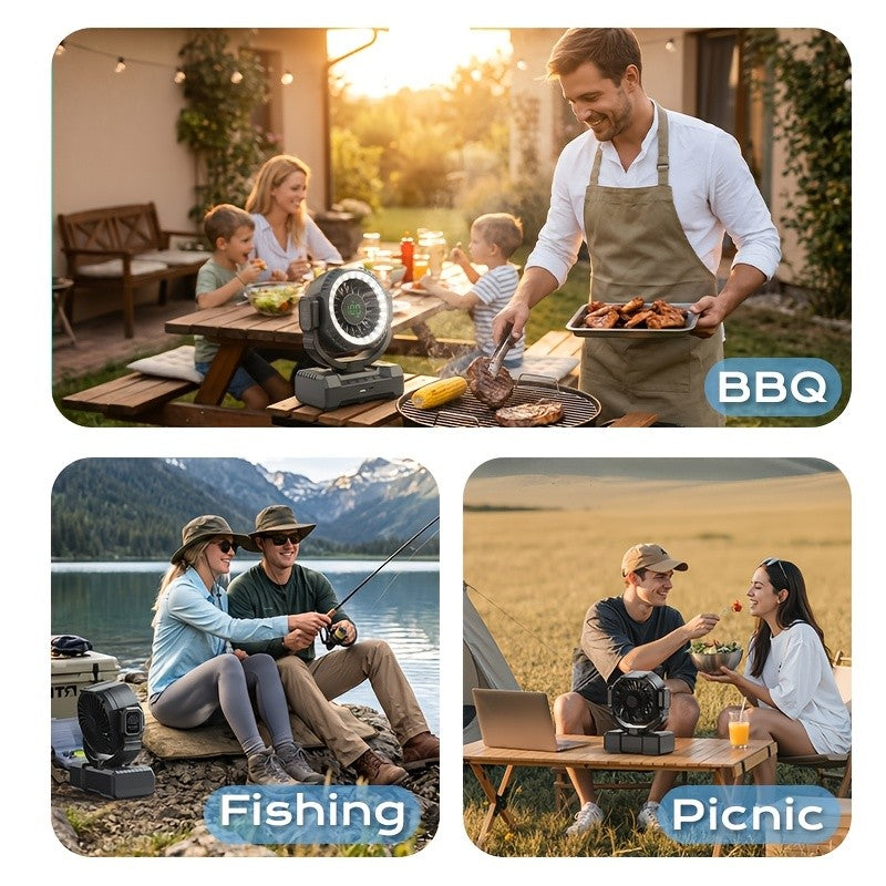 Display-Screen Camping Fan with Listed 24000mAh Rechargeable Battery, Five Speeds, USB Charging and Tent Hook for Campsite, BBQ and Home Power-Outage Airflow