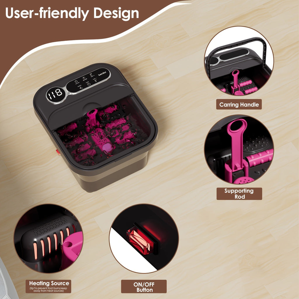 Foldable Heating Foot Spa Basin with Temperature Control, Massage Rollers, Bubbles and Pedicure Kit Wording, Portable or Rose Red Touch Model Options