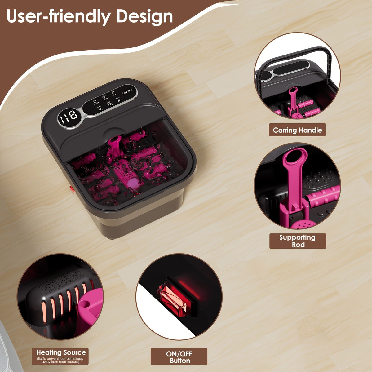 Foldable Heating Foot Spa Basin with Temperature Control, Massage Rollers, Bubbles and Pedicure Kit Wording, Portable or Rose Red Touch Model Options
