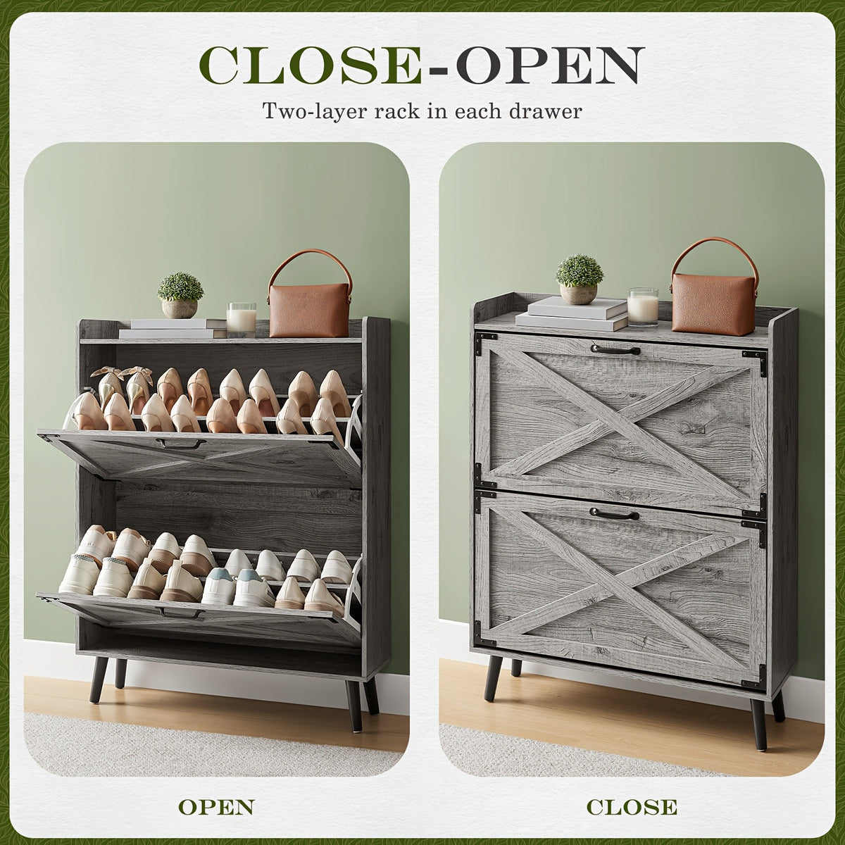 Shoe Storage Cabinet for Entryway and Hallway Organization, Black Upgrade or White Two, Three and Four-Door Options with Listed Flip-Drawer Storage Features