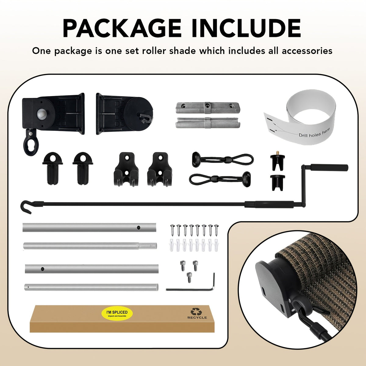Cordless Patio Roller Shade with One-Piece Fabric and Spliced Pole Design for 6ft, 7ft and 8ft Widths, Gray, Mocha or Coffee Brown Outdoor Roll Up Blind Options