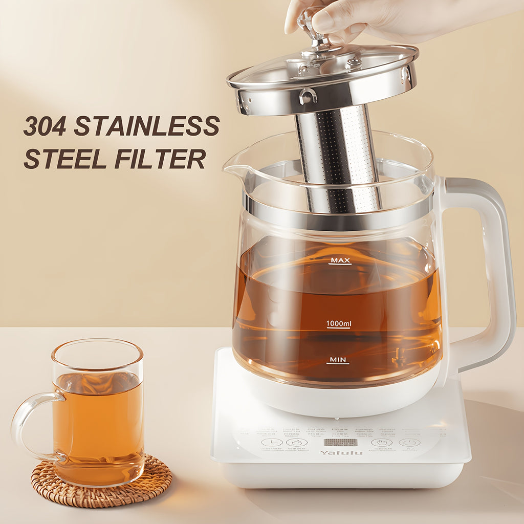 Yalulu Glass Electric Kettle with Listed 1.8L Capacity and 18 Functions, Removable SUS304 Tea Infuser, Glass Lid and Egg Steaming Rack, White US Plug Option