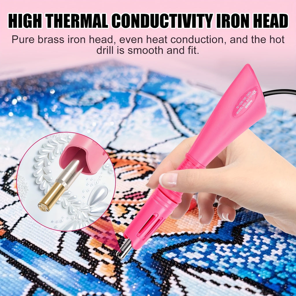 Hotfix Rhinestone Applicator Kit with Seven Tips, Three Listed Stone Boxes, Tweezers and Wax Pens, Purple or Pink Heat Tool for Compatible Fabric Craft Decoration