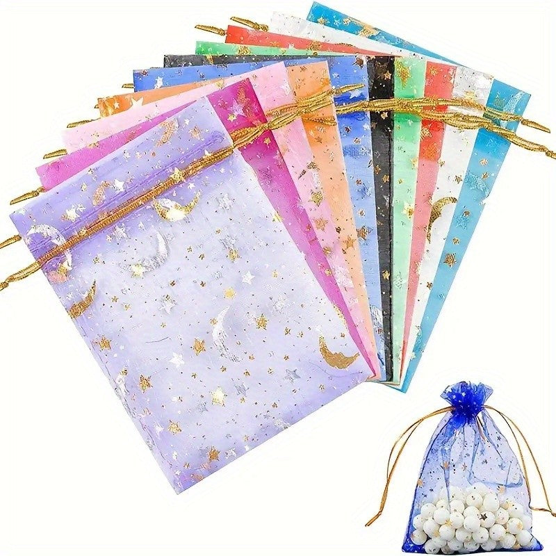 Organza Gift Bags 100-Pack with Moon and Star Design, 2.8 x 3.5 Inch Mixed Color Drawstring Pouches for Wedding Favors, Jewelry and Holiday Parties
