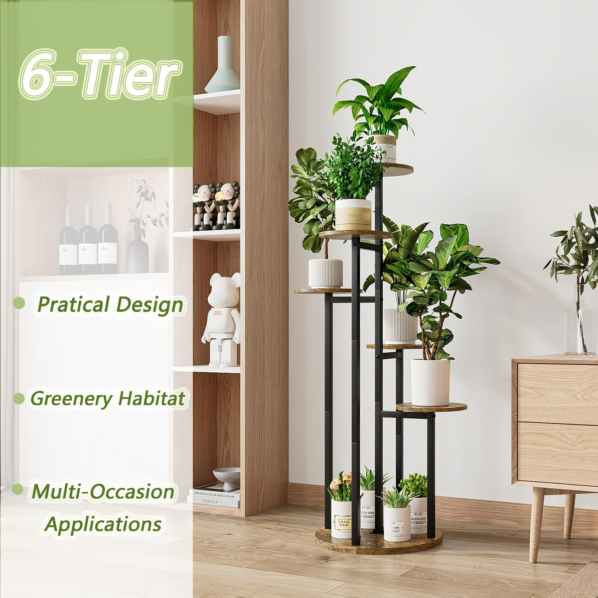 Six-Tier Metal Plant Stand by SUOERNUO with Listed Nine-Pot Display Layout, EVA Base Pads and Black or White Options for Indoor Corner Decor