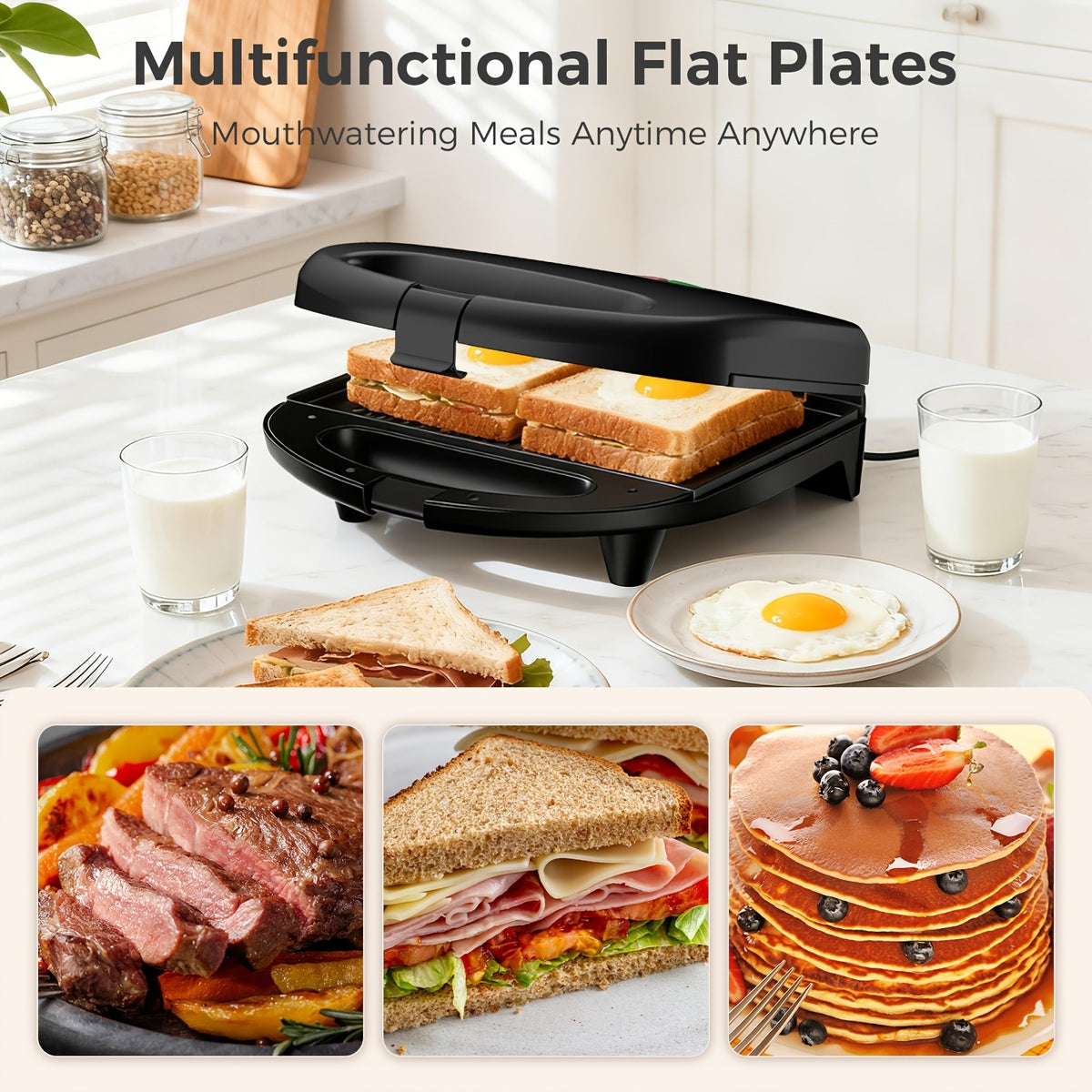 Flat Plate Sandwich Maker, 750W 2-Slice Grilled Cheese Toaster with Nonstick Cooking Surfaces, Indicator Lights and Cool-Touch Handle for Home Kitchens