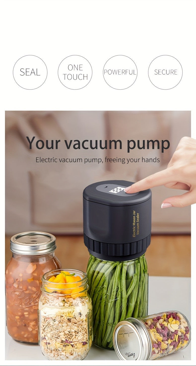Electric Mason Jar Vacuum Sealer with One-Touch Operation, USB Rechargeable Kitchen Jar Sealing Tool with Wide and Narrow Mouth Lids, Black or White Options