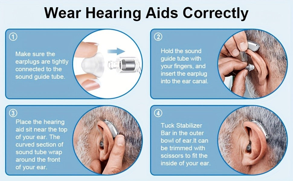Silver Rechargeable Hearing Aids, Listed One-Pair Behind-the-Ear Devices with Volume Adjustment, Frequency Controls and USB Charging Case for Adult Listening Needs