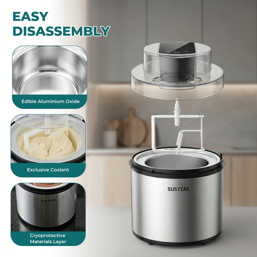 Home Ice Cream Maker with 0.8-Liter White and Green or 2-Liter Stainless Steel Color Options for Homemade Frozen Desserts, Summer Parties and Kitchen Gifts