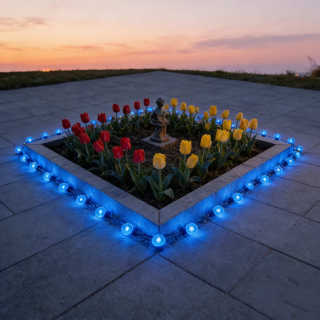 Solar Pathway String Lights with Listed 30 LEDs and Stake Design, Six Warm, White, Purple, Blue, Red and Green Light Options for Patio and Garden Event Decor