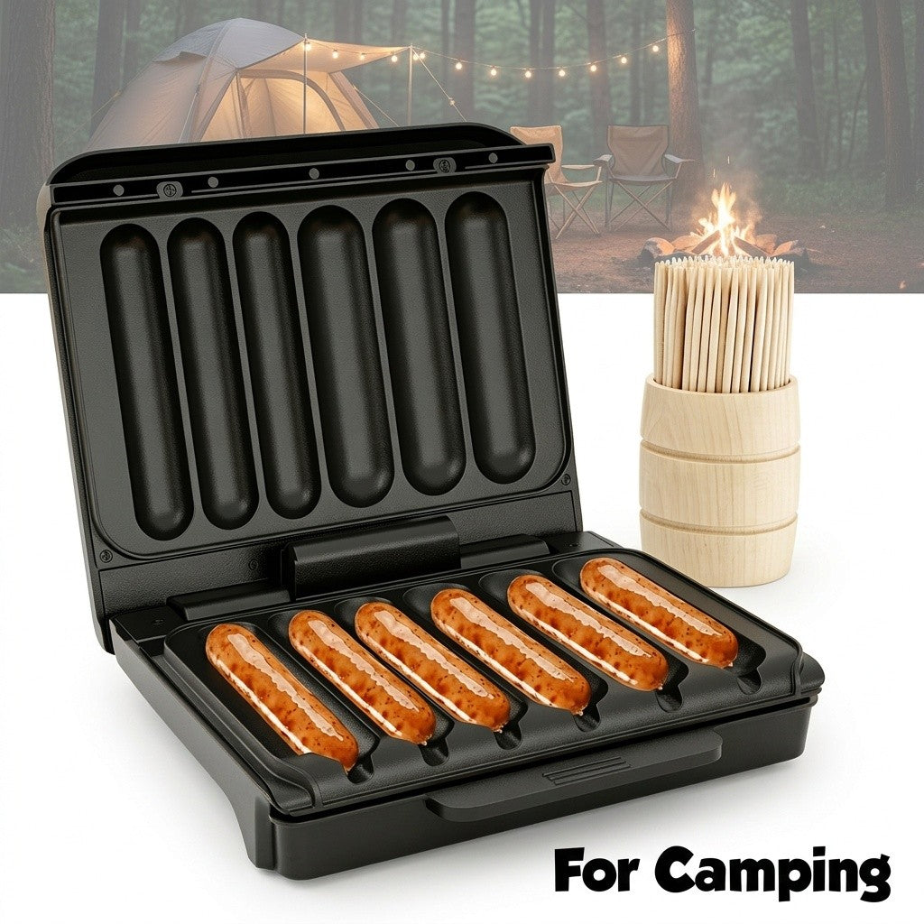 Six-Slot Electric Hot Dog Maker, Nonstick Sausage Grill with Grease Drip Tray, Power and Ready Indicator Lights, Cord Storage for Breakfasts and Snacks
