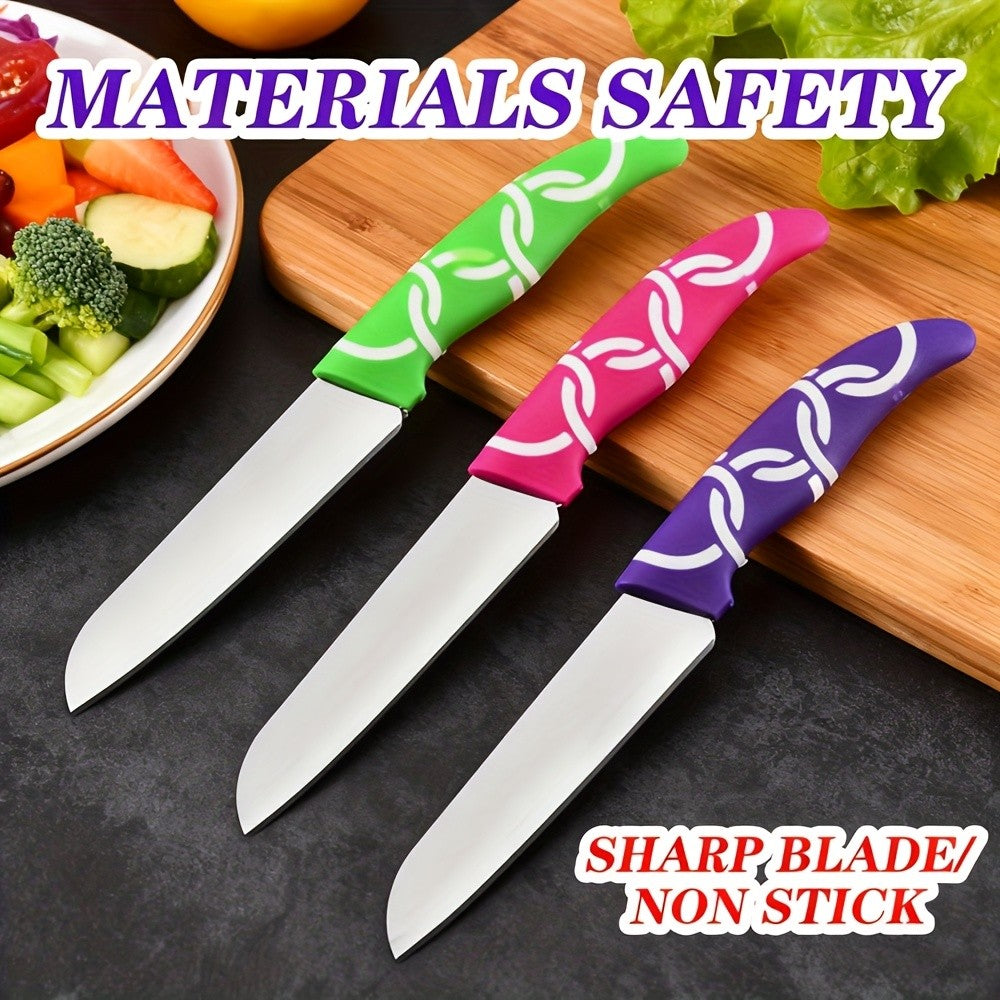 Fruit Paring Knife Set with Polished Stainless Steel Blades and Silicone Handles, Red Green and Yellow Peeling Knives with Listed 3-Piece Options
