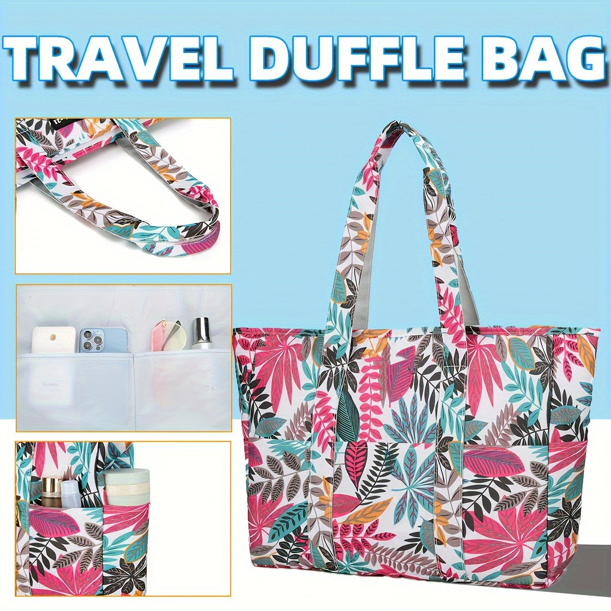 Beach Tote Bag for Women with Wet and Dry Pocket, Pool Swim Carry Bag for Summer Vacations and Travel in Blue Leaf, Red Leaf or Black
