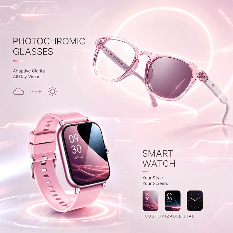 Photochromic Smart Glasses and Smartwatch Combo with Listed Real-Time Translation and Full-Touch Sports Watch, Ordinary or High-End Style Options for Men and Women