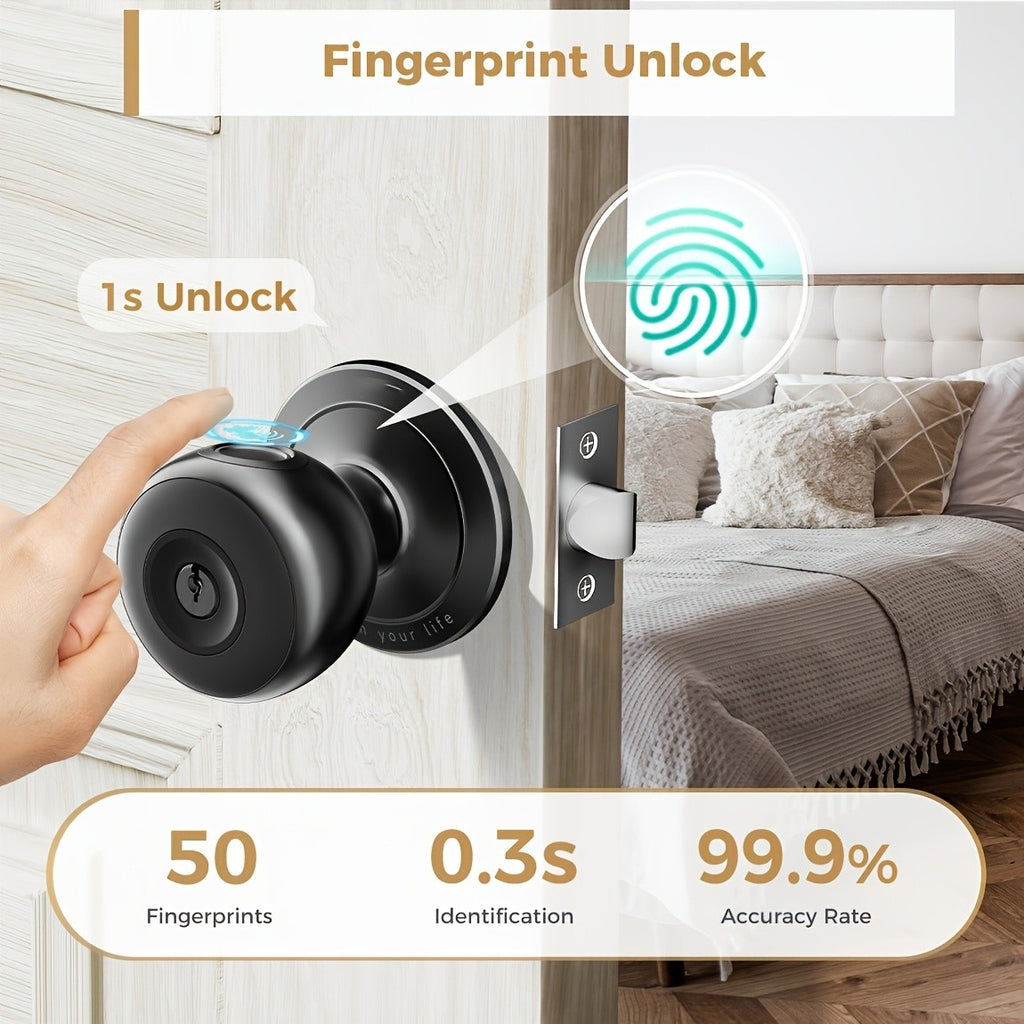 Replaceable-Battery Smart Door Knob by Arpha in Black with Listed Fingerprint, Passcode, Tuya App and Physical Key Access, Passage and Privacy Modes, Battery Excluded