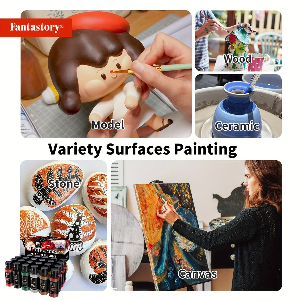 Thick Acrylic Paint Set by Fantastory, 24 Vibrant Colors in Listed 2oz/60ml Sizes with 12 Brushes for Canvas, Wood, Rock, Glass and Ceramic Craft Projects