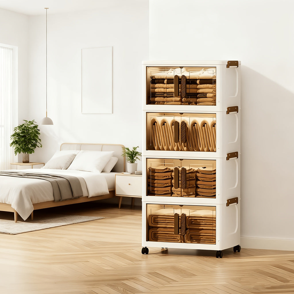 Foldable Plastic Storage Cabinet with Wheels and Transparent Organizer References, White 3pcs, 4pcs or 5pcs Models for Bedroom and Living Room Organization