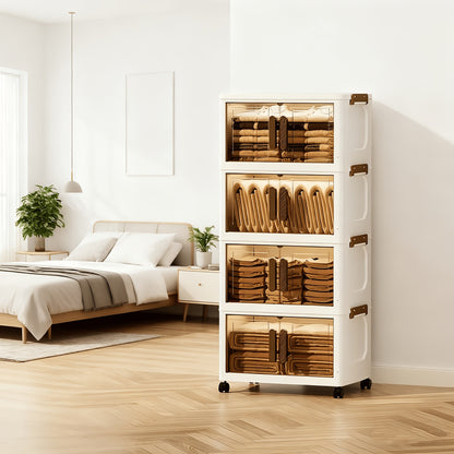 Foldable Plastic Storage Cabinet with Wheels and Transparent Organizer References, White 3pcs, 4pcs or 5pcs Models for Bedroom and Living Room Organization