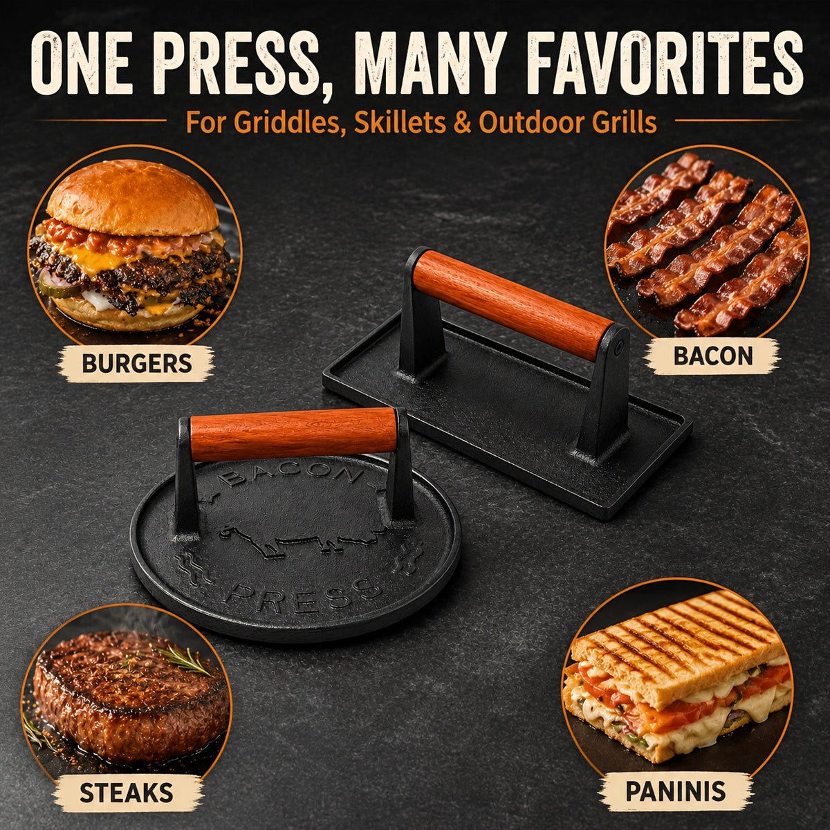 Cast Iron Bacon Press by Vivicreate, Round Heavy-Duty Grill and Meat Press for Bacon, Steak and Toasted Sandwiches, Kitchen and Outdoor Cooking Tool