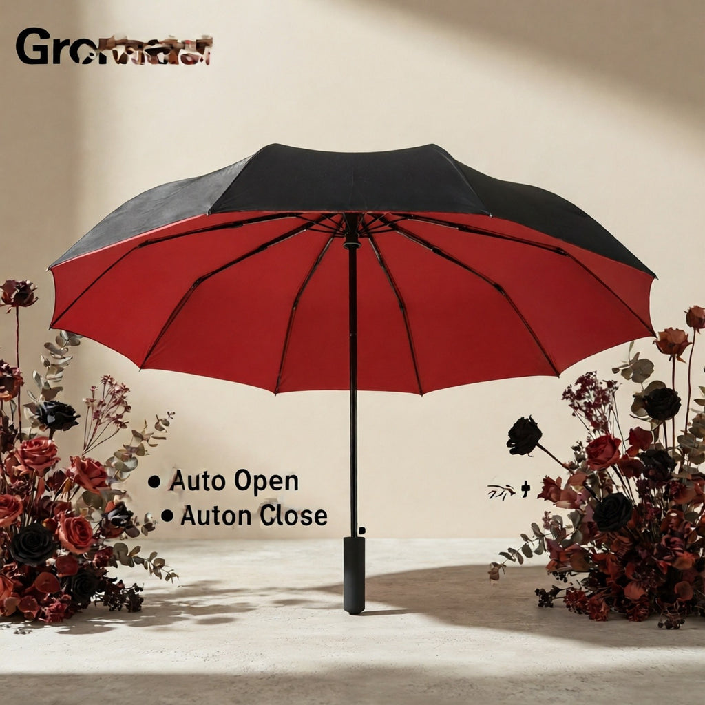 Ten-Rib Automatic Umbrella with Gear-Shift Style Wording, Folding Sunshade Design in Red, Black, Blue or Burgundy for Everyday Carry and Outdoor Outings