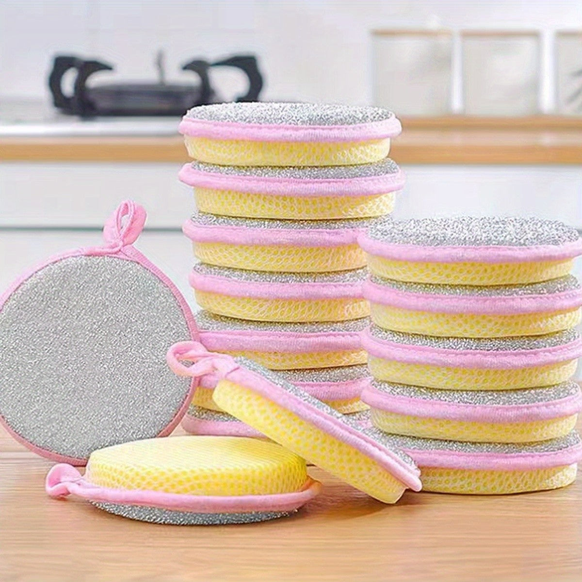 Round Double-Sided Dishwashing Sponges in 6 or 12-Piece Random Color Packs, Polyester Fiber Kitchen Cleaning Pads for Compatible Pots, Dishes and Everyday Washing