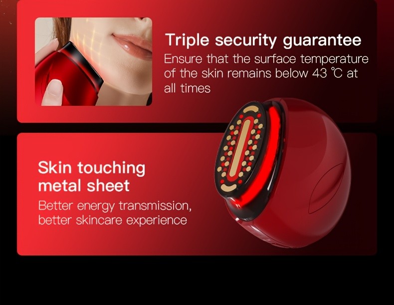 Burgundy Handheld Facial Care Device with Three Listed Skincare Modes, USB Rechargeable Power, Ergonomic Design and Color Light Features for Home Beauty Routines