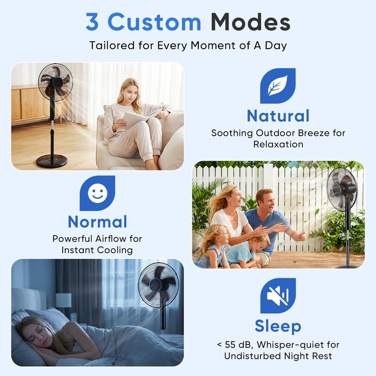 Adjustable Height Pedestal Fan in Black with Remote Control, 45–53 Inch Standing Design, 80° Oscillation, Three Speeds, Three Modes and 12-Hour Timer