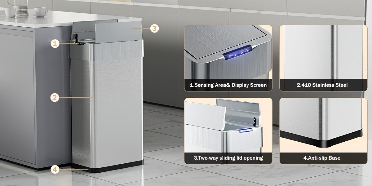 Large Capacity Motion Sensor Trash Can with Automatic Lid, 13.21 to 21.13 Gallon Model Options with Single or Wing Opening for Kitchen and Household Waste