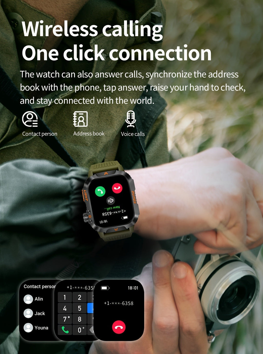 Outdoor Calling Smartwatch with Listed Compass, Altimeter, Barometer and LED Flashlight, 600mAh Battery and Sleep Tracking in Five Style Labels for Men
