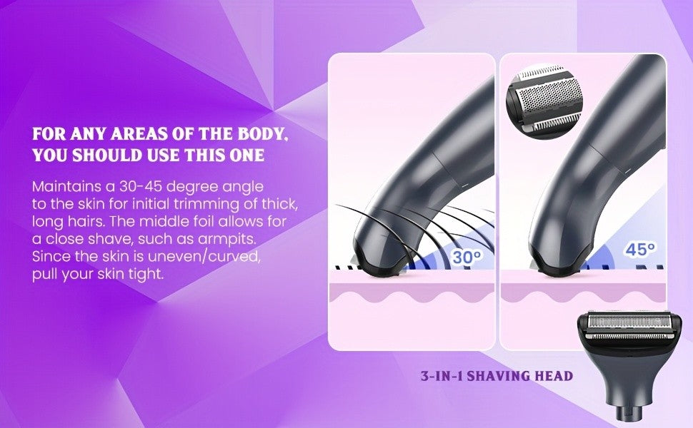Bikini Trimmer for Women, 4-in-1 Painless Electric Shaver for Face, Eyebrows, Ear and Nose, Cordless Body Shaver with Replaceable Heads for Bikini Line, Arms and Legs, Rechargeable 500mAh, for Travel