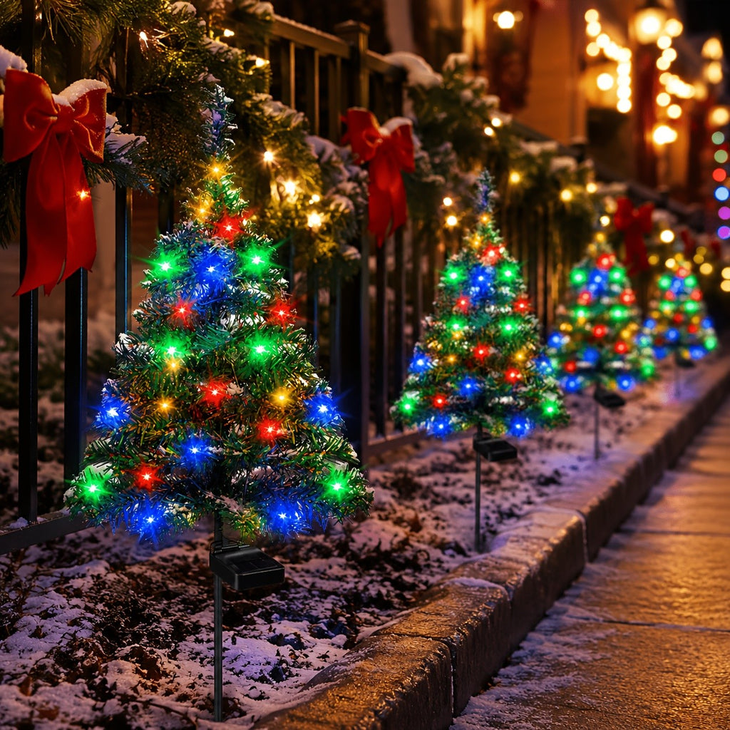Solar Christmas Tree Lights with Listed IP65 Rating, Plastic Outdoor Holiday Decorations in One, Two or Four-Piece Options for Lawns, Terraces and Balconies