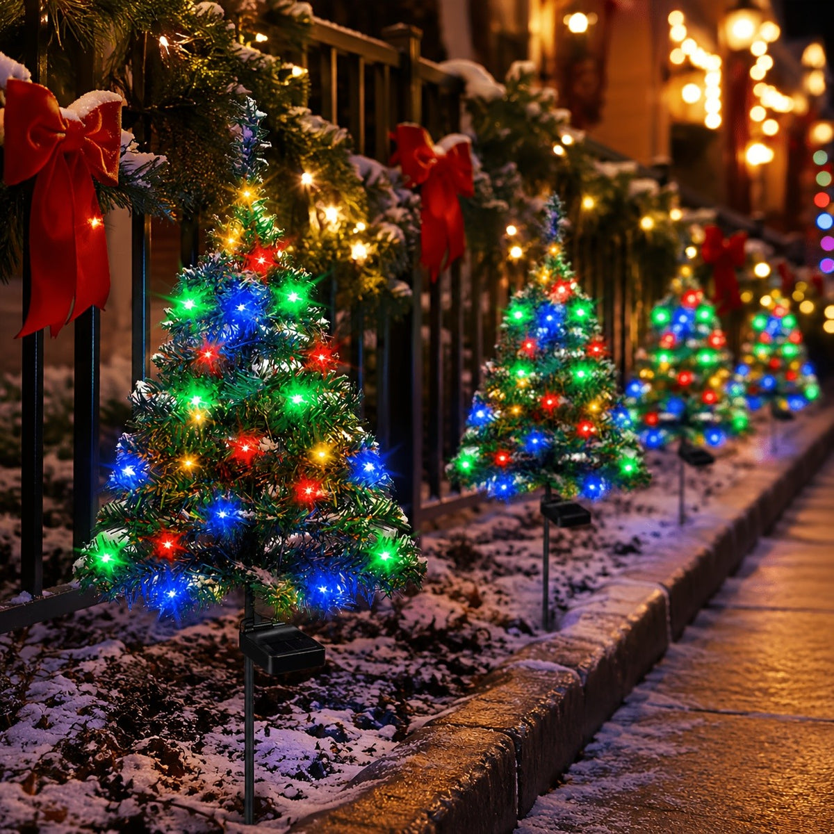 Solar Christmas Tree Lights with Listed IP65 Rating, Plastic Outdoor Holiday Decorations in One, Two or Four-Piece Options for Lawns, Terraces and Balconies