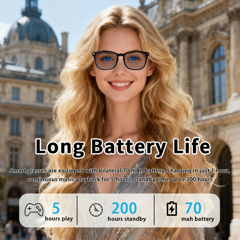 Photochromic Audio Glasses with Touch Control, Built-In Microphone and Rechargeable Wireless Sound, Yellow Frame and Black Temples for Work and Daily Wear