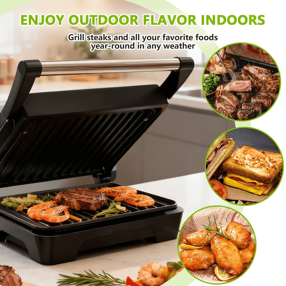 Silvery Panini Press Grill and Sandwich Maker with Listed 1000W Power, Nonstick Plates, Drip Tray, Floating Hinge and 180-Degree Opening for Home Cooking