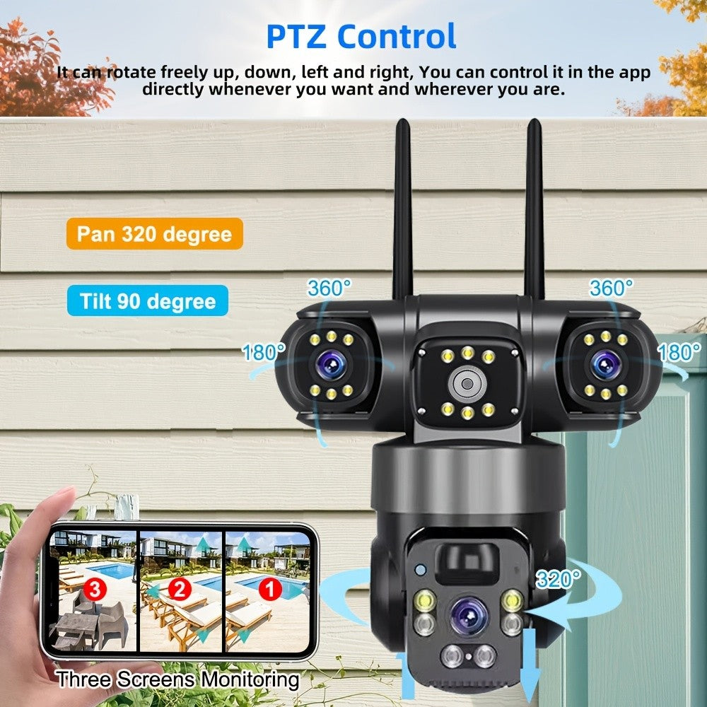 Three-Lens Solar WiFi Security Camera with Listed 355-Degree Pan and 90-Degree Tilt, PIR Alerts, Color Night Vision and Two-Way Audio, Two Package Labels