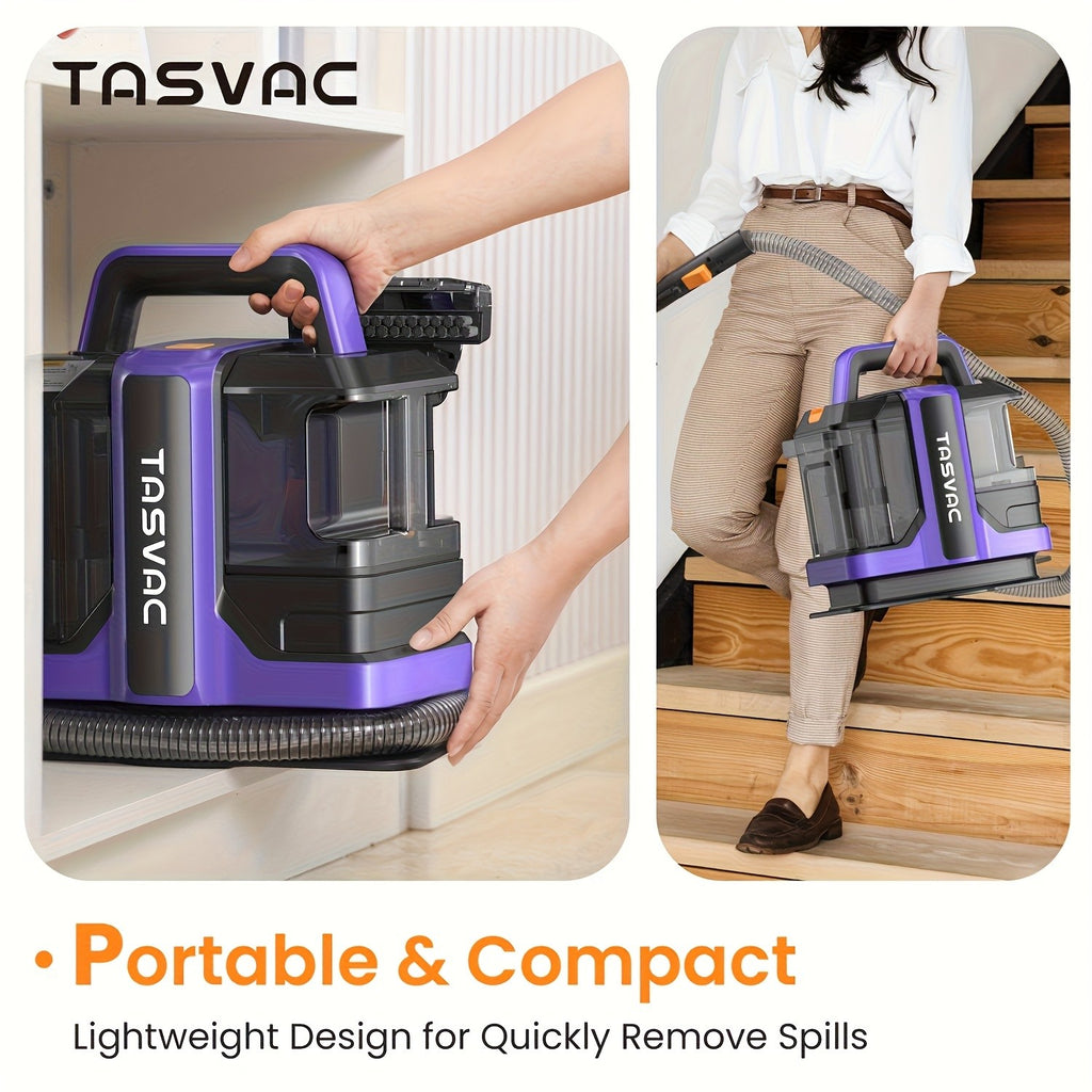 Dual-Tank Fabric Spot Cleaner with Two Listed Brush Tools and Trial Formula, TASVAC C7 Source Specifications for Carpet and Upholstery, Purple or Black Red Options