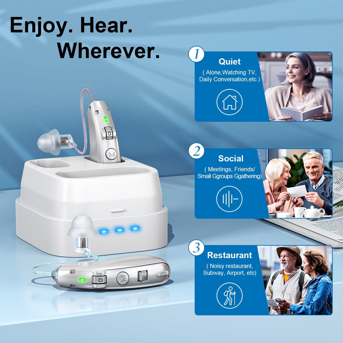Silver Rechargeable Hearing Aids, Listed One-Pair Behind-the-Ear Devices with Volume Adjustment, Frequency Controls and USB Charging Case for Adult Listening Needs