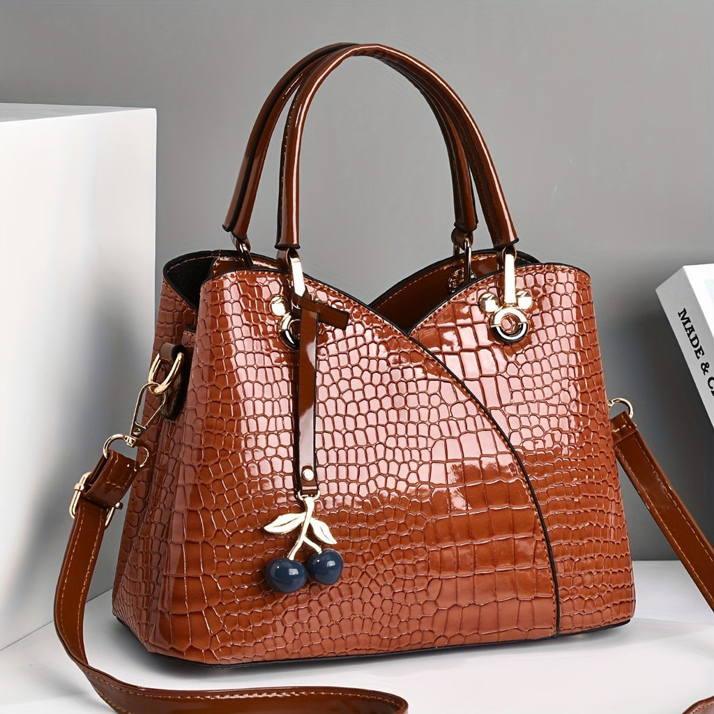 Faux Crocodile Texture Handbag, Women's Burgundy or White Fashion Bag with Cherry Pendant, Zipper Closure and Polyester Lining for Shoulder and Crossbody Styling