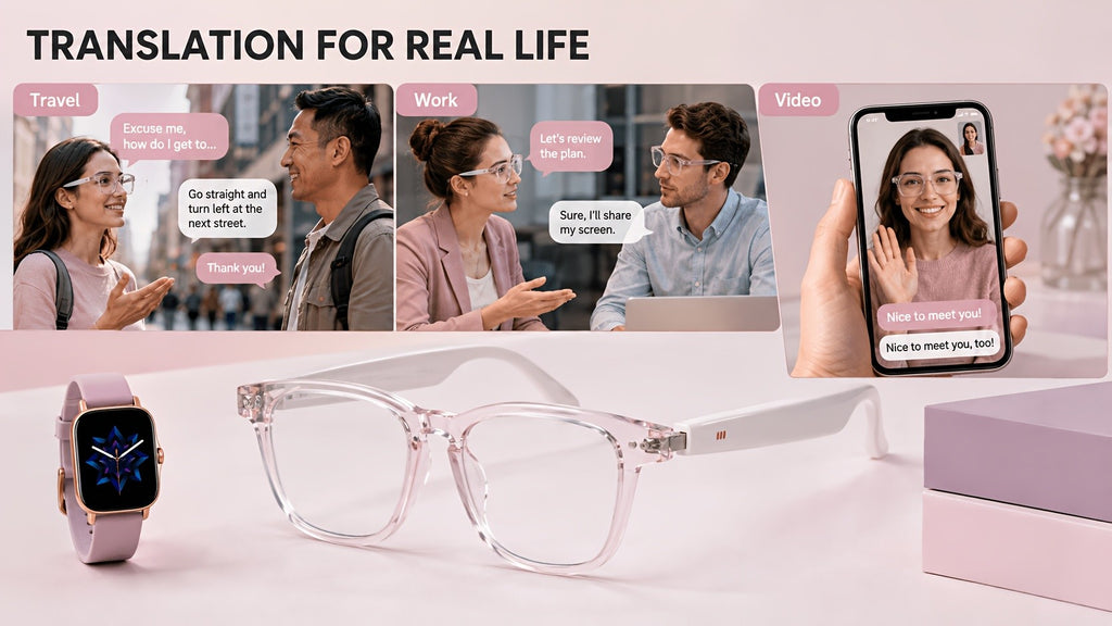 Open-Ear Translation Glasses and Smartwatch Set with Listed 160-Plus Language Functions, Music and Call Controls, Sleep and Activity Tracking, Four Style Labels