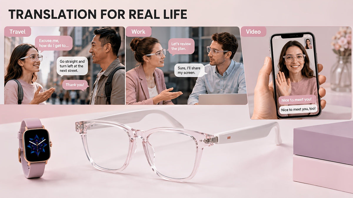 Open-Ear Translation Glasses and Smartwatch Set with Listed 160-Plus Language Functions, Music and Call Controls, Sleep and Activity Tracking, Four Style Labels