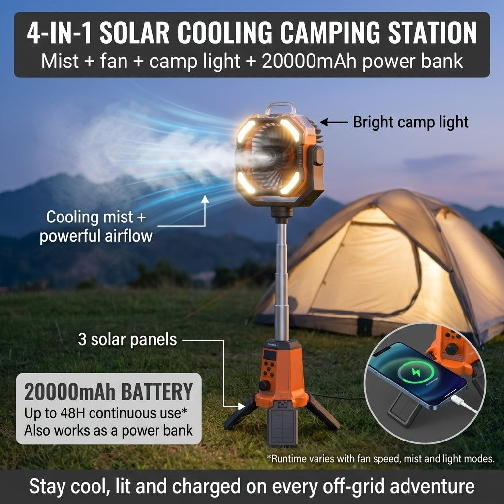 Dual-Motor Camping Fan with Listed Remote Control, 1–100 Speed Adjustment and Oscillation, Classical, Mist and Solar Option Labels for Tent and Outdoor Airflow
