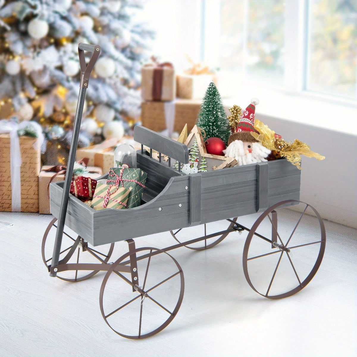Wooden Planter Cart with Two Planting Boxes, Four Iron Wheels and Pull Handle, Painted Fir Wood Garden Flower Stand with 33lb Listed Load Limit in Five Colors