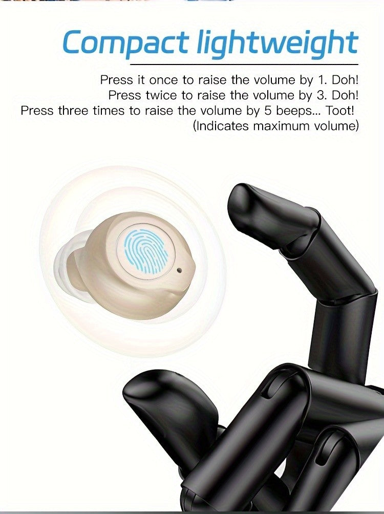 USB Charging Hearing Device with Light Beige Unit and Black Charging Box, Listed 320mAh Case Battery, Noise Reduction and 10-Second Delayed Startup