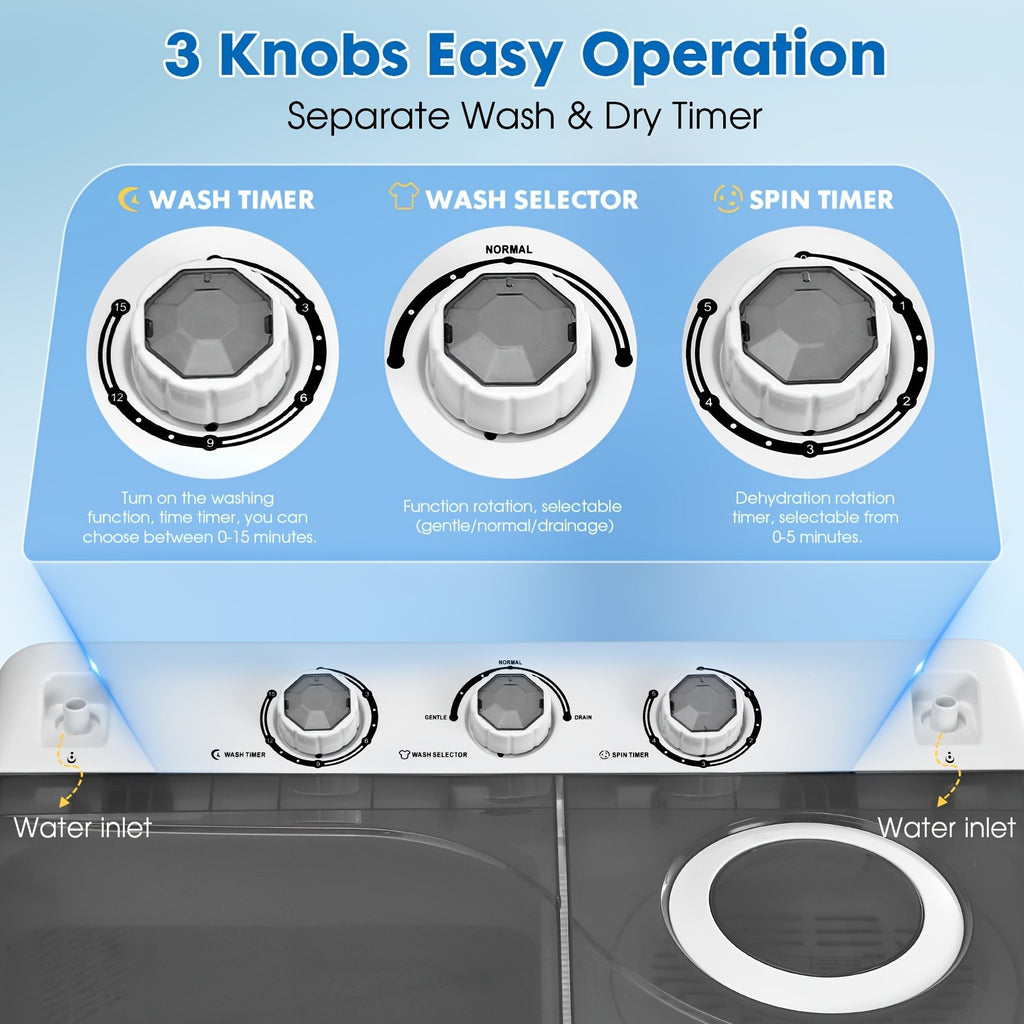 Twin Tub Laundry Washer with Drain Pump, Portable Washing Machine with Listed 18lb Wash and 10lb Spin Capacities for Apartments and Small Spaces